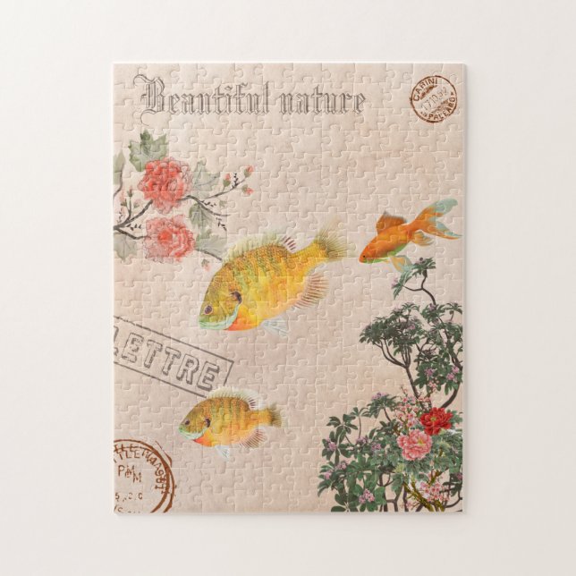 Puzzle Vintage Moderne Nature Fleurs Poisson Verdure (Vertical)