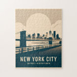 Puzzle Vintage New York City East River Skyline WPA Style<br><div class="desc">This vintage-inspired New York City poster captures the iconic Brooklyn Bridge and Manhattan skyline rising over the East River, blending timeless architecture with elegant design. Styled after classic WPA travel posters and art deco prints, it celebrates the spirit of the city with bold geometric shapes, minimalist lines, and a warm...</div>