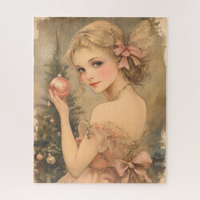 Puzzle Vintage Noël Élégante fille avec Bauble Rose (Vertical)