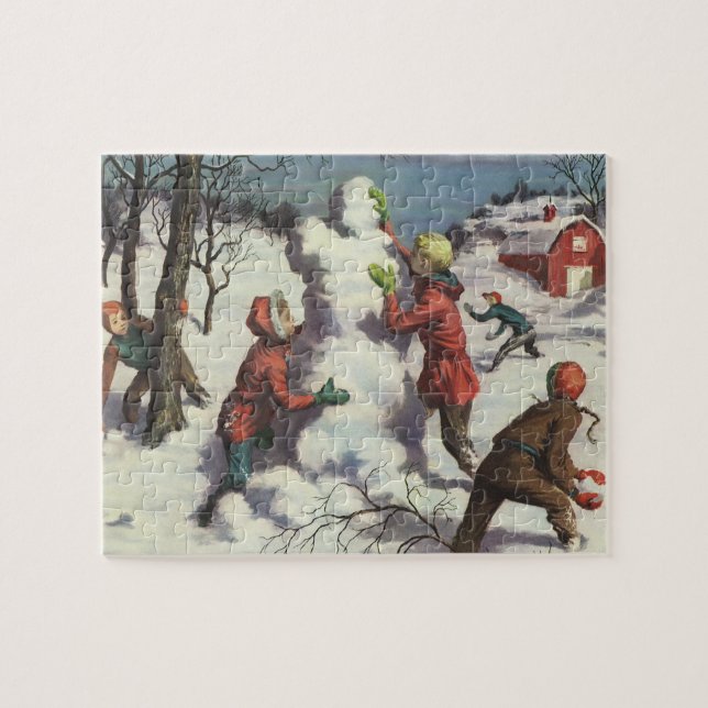 Puzzle Vintage Noël, Enfants Snowball combat (Horizontal)