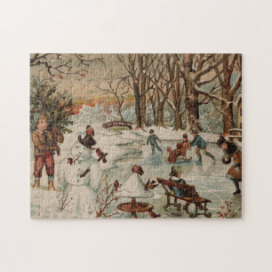 Puzzle Vintage Noël scène patinage sur glace