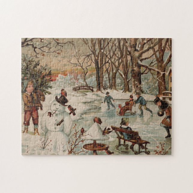 Puzzle Vintage Noël scène patinage sur glace (Horizontal)