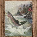 Puzzle Vintage Rainbow Trout Fish, Fisherman Fishing<br><div class="desc">Vintage illustration sports design featuring a fisherman fishing in a river. A rainbow trout is splashing and jumping out of the water.</div>