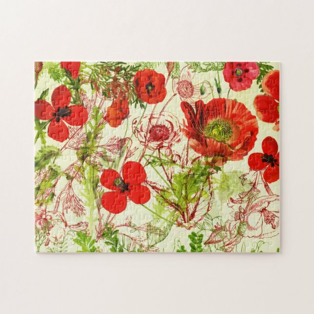 Puzzle Vintage Red Green Poppies Summer Wildflowers (Horizontal)