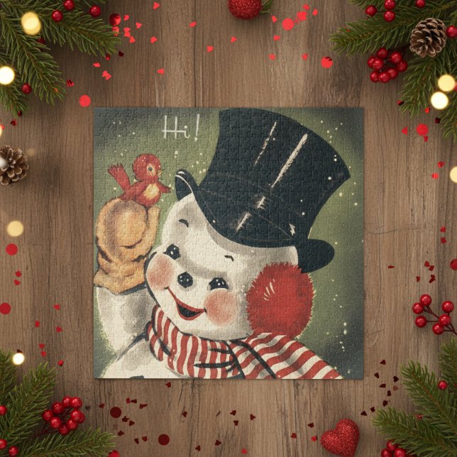 Puzzle Vintage Retro Happy Snowman Holiday (Vintage Retro Happy Snowman Holiday Jigsaw Puzzle)