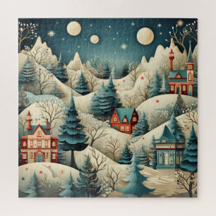 Puzzle Vintage Rétro Village de Noël Pins Arbres Neige