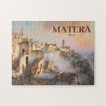 Puzzle Vintage Sassi di Matera Italy Travel Watercolor<br><div class="desc">Matera Italy retro vintage travel art in watercolor painting style, featuring a luminous romantic landscape of the ancient Sassi di Matera. This atmospheric European townscape captures misty light, sun-washed architecture, and soft golden tones, evoking 19th-century watercolor techniques. The historic stone dwellings of Basilicata rise through the fog in a composition...</div>