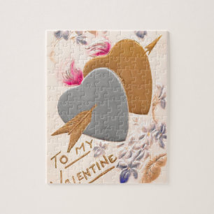 Puzzle Vintage Silver & Gold Hearts Valentine Postcard