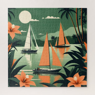 Puzzle Vintage Tropical Beach and Sailboats Retro