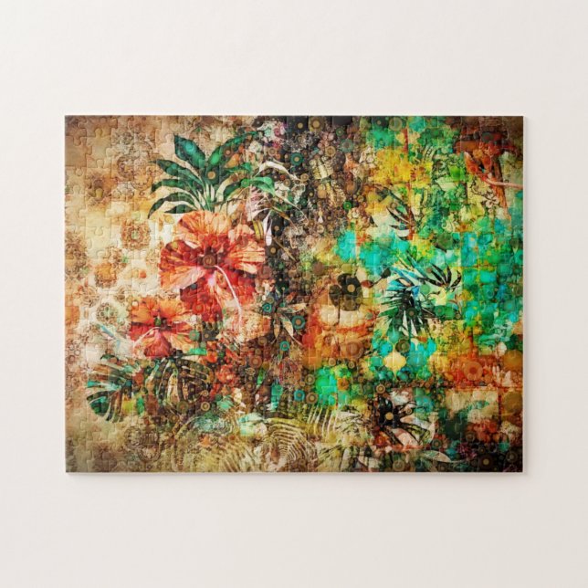 Puzzle Vintage Tropical Parrot Jungle Floral Hibiscus (Horizontal)