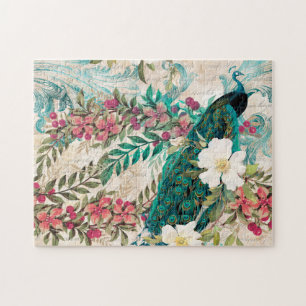 Puzzle Vintage Turquoise Peacock et rose Floral
