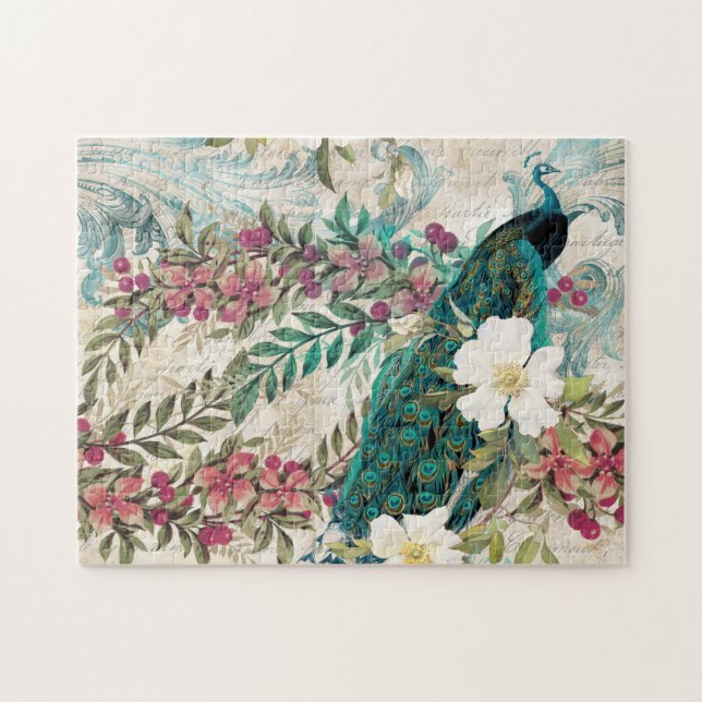 Puzzle Vintage Turquoise Peacock et rose Floral (Horizontal)