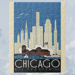 Puzzle Vintage voyage Chicago a tout City Skyline<br><div class="desc">Affiche de voyage vintage d'illustration de Chicago,  Illinois,  Chicago Has Everything! Offrant une vue sur la ville de Chicago,  avec des gratte-ciel,  de hauts bâtiments et le port avec des bateaux et d'autres bateaux.</div>