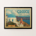 Puzzle Vintage voyage de la Grèce Santorini<br><div class="desc">Conception de la Grèce dans le style de Vintage voyage comportant une scène classique avec une église bleue de dôme et le méditerranéen.</div>