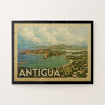Puzzle Vintage voyage de l'Antigua<br><div class="desc">Conception de l'Antigua dans le style de Vintage voyage comportant une scène tropicale d'île avec l'océan et le ciel bleu.</div>