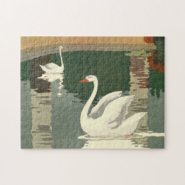 Puzzle Vintage White Swans Illustrated (Horizontal)