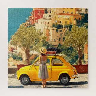 Puzzle Vintage Yellow Car by the Amalfi Coast, Positano