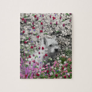 Puzzle Violette en fleurs - chien blanc de Westie