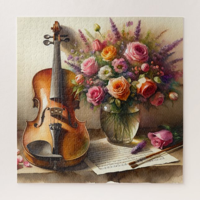 Puzzle Violon, Partition et un Vase de Fleurs (Vertical)