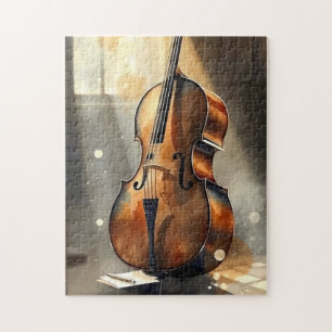 Puzzle violoncelle élégant dans un studio faiblement écla