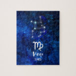 Puzzle Virgo Zodiac Constellation Blue Galaxy Monogram<br><div class="desc">Virgo Zodiac Constellation Galaxie Bleue Monogramme Design Avec police de script brossé tendance, couleur d'eau céleste bleu foncé texture arrière - plan, constellation d'étoiles brillantes, et le symbole Maiden. Symbole astrologique moderne Horoscope de naissance, est parfait pour n'importe quel Anniversaire Virgo Du 23 août au 22 septembre! Avec Monogrammed en...</div>