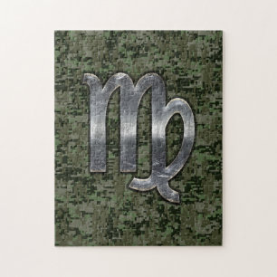Puzzle Virgo Zodiac Sign on Olive Green Digital Camo