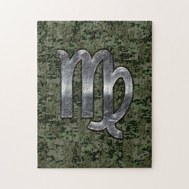 Puzzle Virgo Zodiac Sign on Olive Green Digital Camo (Vertical)