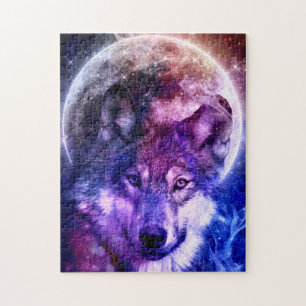 Puzzle Visage de loup de Galaxie mystique avec Pleine lun