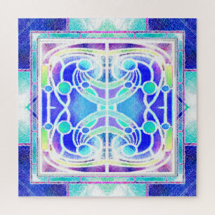 Puzzle Vitrail de Cathédrale en Bleu et Vert