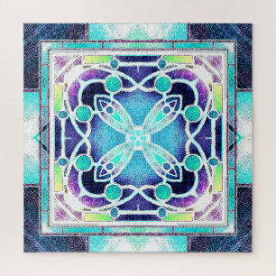 Puzzle Vitrail de Cathédrale en Bleu Marine et Aqua