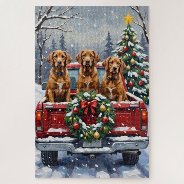Puzzle Vizsla camion rouge de Noël vacances (Vertical)