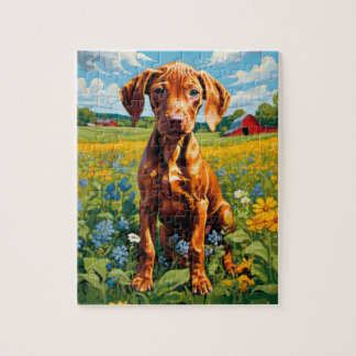 Puzzle Vizsla Chiot dans le champ de la gamme Fleur sauva