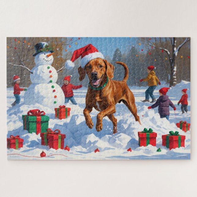 Puzzle Vizsla courant dans la neige avec un chapeau de No (Horizontal)