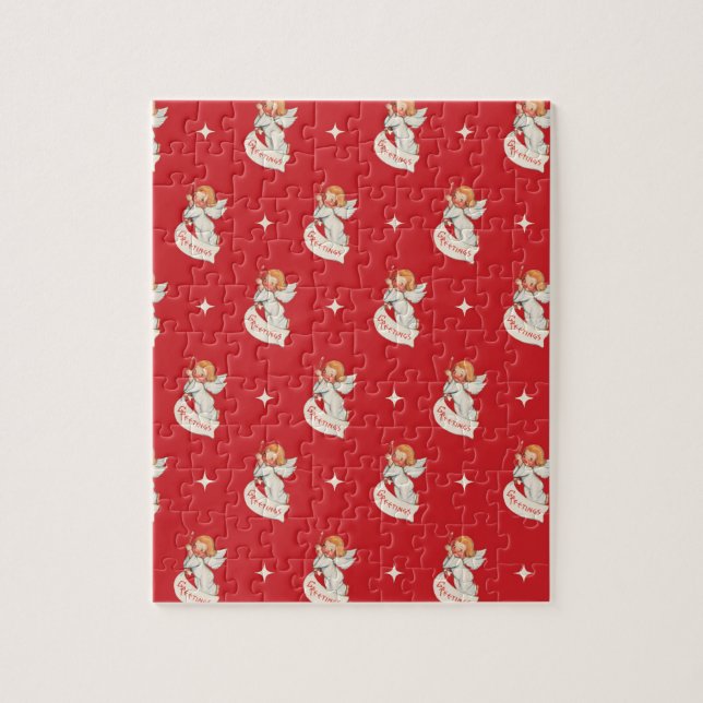 Puzzle Voeux de Noël vintage, Anges avec étoiles (Vertical)