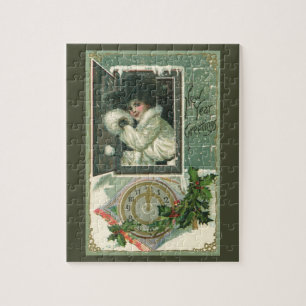 Puzzle Vœux de Nouvel An vintage, fenêtre de jeune fille 