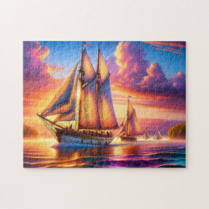 Puzzle Voiliers au lever du soleil en mer Régate nautique