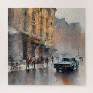 Puzzle Voiture bleue vintage à Foggy Cityscape