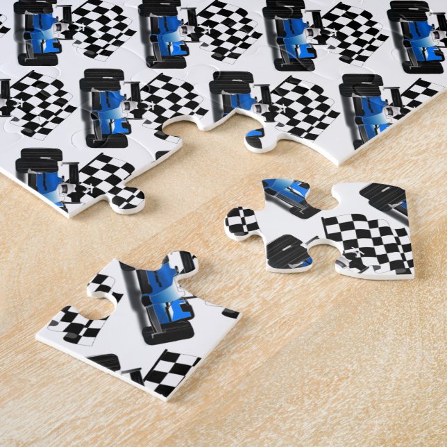 Puzzle Voiture Blue Race avec drapeau À damiers (Côté)