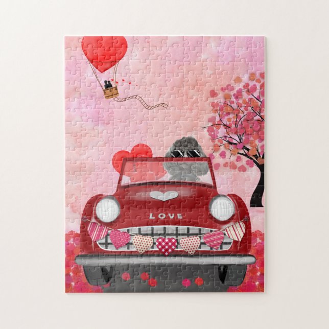 Puzzle Voiture de chien caniche avec coeurs de la Saint-V (Vertical)