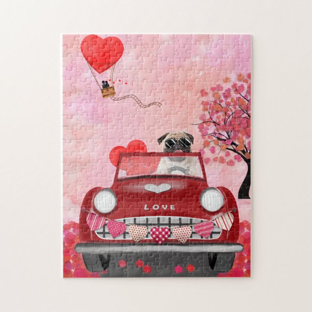 Puzzle Voiture de chien Pug avec coeurs Saint-Valentin   (Vertical)