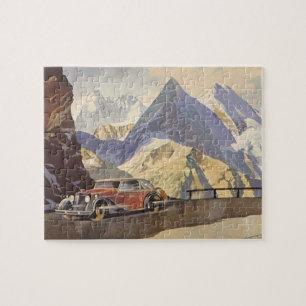 Puzzle Voiture Vintage sur Mountain Road en hiver avec ne
