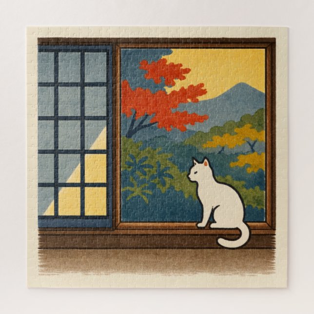 Puzzle Wa – Quiet Window with White Cat (Vertical)
