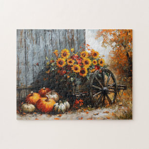 Puzzle Wagon rustique avec Citrouilles et tournesols