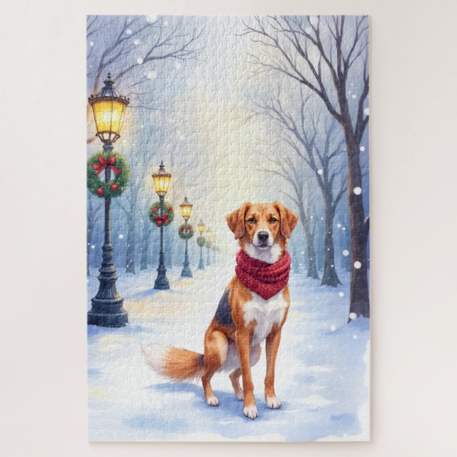 Puzzle Watercolor American Foxhound Snowy Lamppost (Vertical)