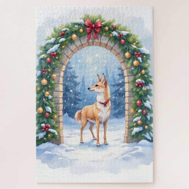 Puzzle Watercolor Azawakh Snowy Stone Arch Christmas (Vertical)