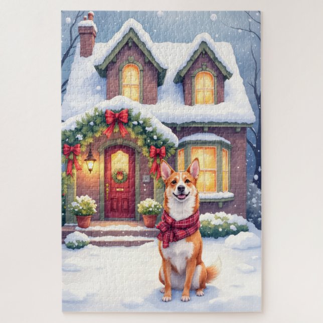 Puzzle Watercolor Basenji Townhouse Christmas Holiday (Vertical)