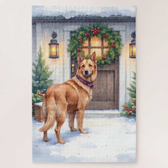 Puzzle Watercolor Belgian Laekenois Farmhouse Christmas (Vertical)