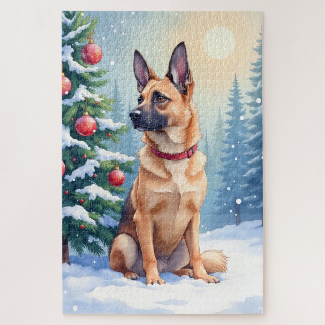 Puzzle Watercolor Belgian Malinois Evergreen Christmas (Vertical)