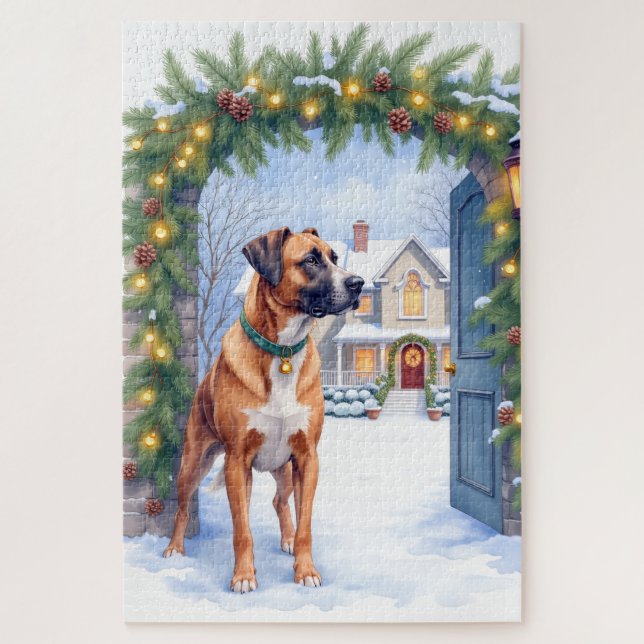 Puzzle Watercolor Boerboel Farmhouse Gate Christmas (Vertical)