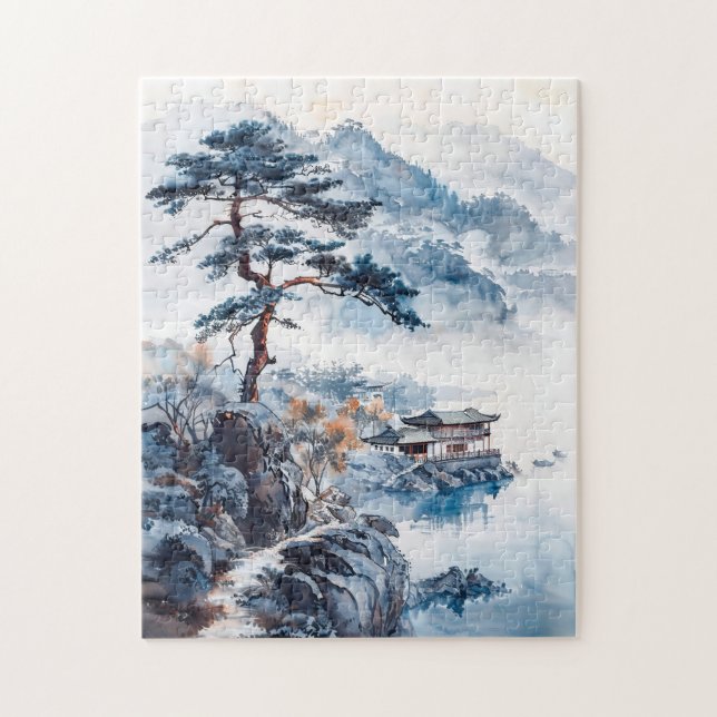Puzzle Watercolor ink of chinese landscape on a lake (Vertical)